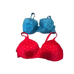 Cacique Size 44D Lot of 2 Bras Red Polka Dot Bra and Blue Lace Bra